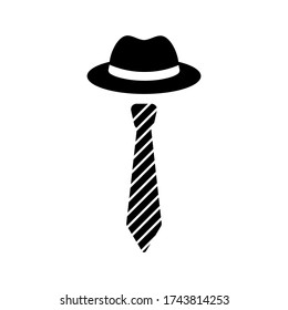 Male accessory hat and tie. Black icon isolated on white background. Vector illustration. Elegant logo design for men store.