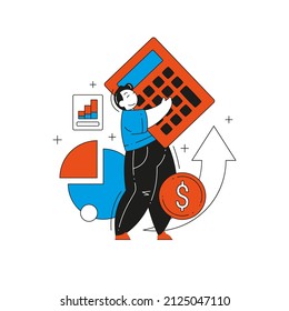 Buchhalter mit Rechner, die das Wachstum der Graphen analysieren, mit Pfeil-nach-oben-Vektorflachgrafik. Bilanzierung, Berechnung, Finanzanalyst, Finanzberatung. Buchführungsdienst