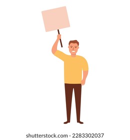 Male activist character.Hand holding empty banner.Concept of big sale, discount.Man holding clean placard.Isolated on white background. Vector flat illustration.