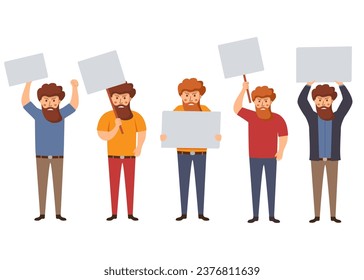 Male activist character.Hand holding empty banner.Concept of big sale, discount.Man holding clean placard.Isolated on white background. Vector flat illustration.