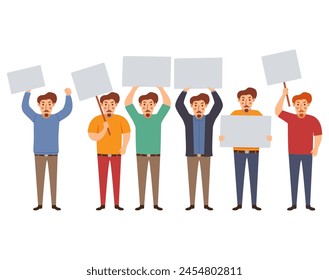 Male activist character.Hand holding empty banner.Man holding clean placard.Isolated on white background. Vector flat illustration.A political protest. People at the rally.