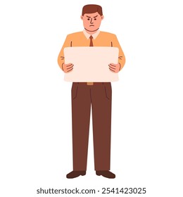 Personagem ativista masculino.Mão segurando banner.Concept vazio de grande venda, discount.Man segurando limpo placard.Isolated no fundo branco. Ilustração plana vetorial.