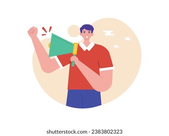 A male activist in red demonstrates using a loudspeaker, the leader of a community group protesting the rally. Character design. Vector flat illustration