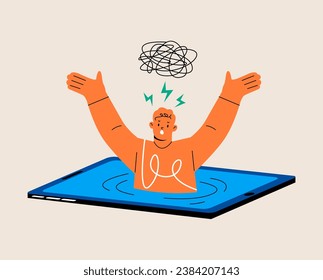 Male addicted to smartphone, drowning in mobile phone screen. Addiction to media and gadgets concept. Colorful vector illustration
