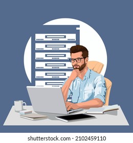 El administrador masculino está sentado en la computadora