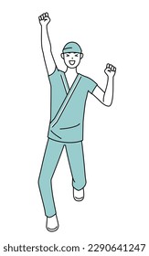 Male admitted patient in hospital gown smiling and jumping, Vector Illustration