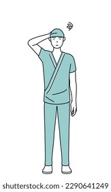 Male admitted patient in hospital gown scratching his head in distress, Vector Illustration