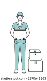 Male admitted patient in hospital gown working to carry cardboard boxes, Vector Illustration