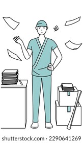 Male admitted patient in hospital gown who is fed up with his unorganized business, Vector Illustration