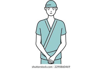 Male admitted patient in hospital gown bowing with folded hands, Vector Illustration