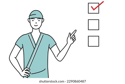 Male admitted patient in hospital gown pointing to a checklist, Vector Illustration