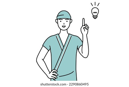 Male admitted patient in hospital gown coming up with an idea, Vector Illustration