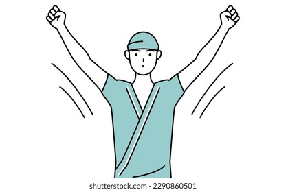 Male admitted patient in hospital gown doing radio calisthenics, preparation for accident prevention, Vector Illustration