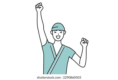 Male admitted patient in hospital gown smiling and jumping, Vector Illustration