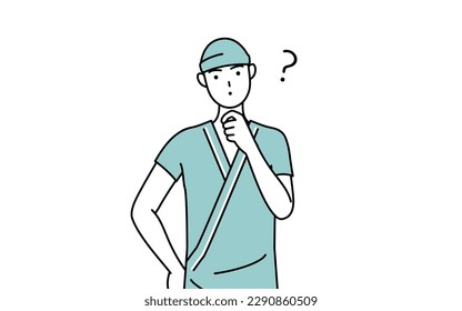 Male admitted patient in hospital gown nodding his head in question, Vector Illustration