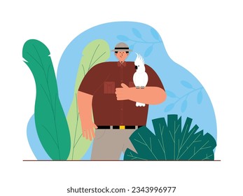 A male adventurer in a hat can interact with a white cockatoo with a black beak, jungle vector illustration.