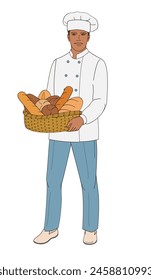 male African American character baker standing with a basket of bread 