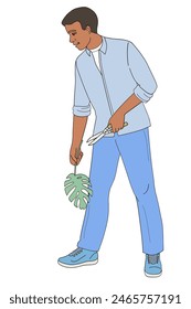 Male African American character man with garden shears and a monstera leaf takes care of indoor plants