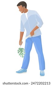 Male African American character man with garden shears and a monstera leaf takes care of indoor plants