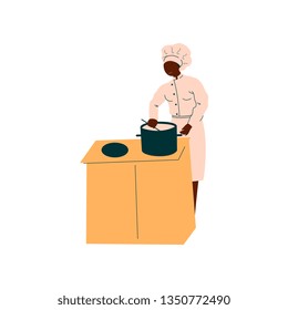 Male African American Chef Cooking in Restaurant Kitchen, Professional Kitchener Character in Uniform Preparing Delicious Dish Vector Illustration