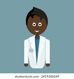 A male African American doctor with dark hair and large eyes, wearing a nametag on a white coat and a blue t-shirt. The figure is waist-length. Vector