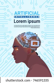 Male African American Head With Modern Cyborg Brain Over Circuit Motherboard Background Vertical Banner Artificial Intelligence Concept Vector Illustration