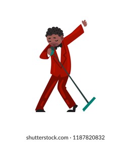 Male African American jazz singer in red elegant suit singing with microphone vector Illustration on a white background