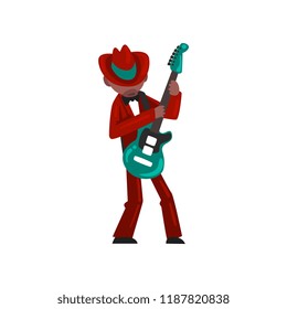 Male African American musician in red elegant suit playing guitar vector Illustration on a white background