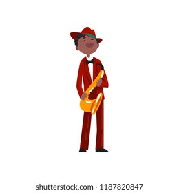 Male African American musician in red elegant suit and hat playing saxophone vector Illustration on a white background