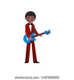 Male African American musician in red suit playing electric guitar vector Illustration on a white background