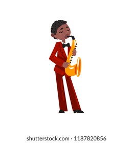 Male African American musician in red elegant suit playing saxophone vector Illustration on a white background