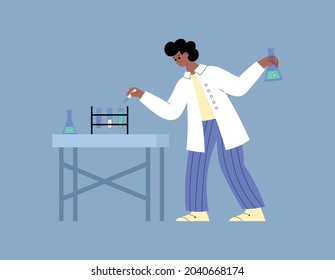 Male african american scientist create vaccine or medicine at science laboratory. Chemist doing pharmaceutical researchers work with drug in flasks, test tubes. Vector illustration