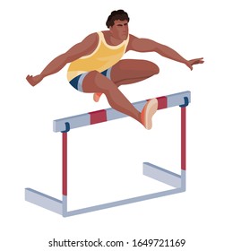 male african american takes part in the hurry race and jumps well over the barrier, success, goal, isolated object on white background,