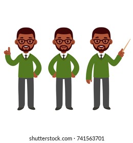 Male African American teacher set. Standing, smiling and pointing. Cute cartoon black character vector illustration.