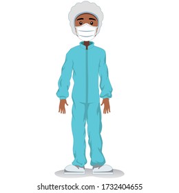 Male African descent mascot, safety equipment against contamination. Ideal for educational and informative medical materials