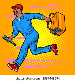 Male African master repairman runs on call. Pop art retro vector illustration vintage kitsch 50s 60s