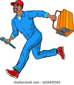 Male African master repairman runs on call. Pop art retro vector illustration vintage kitsch 50s 60s