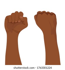 Male African-American hands clenched into fists raised up. Vector illustration isolated on a white background for design and web.