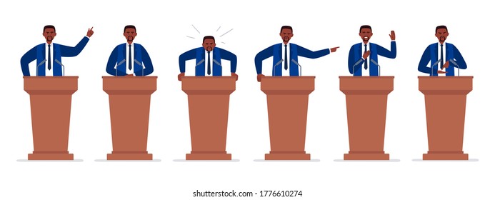 A male african-american politician has a speech on the tribune. Different emotions of a political candidate. Public speaking concept. Vector character in cartoon style. - Shutterstock ID 1776610274