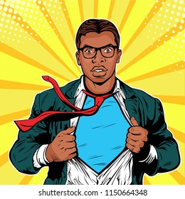 Male afro american businessman superhero pop art retro vector illustration. Strong Businessman in glasses in comic style. Success concept. A grown man in a business suit. 