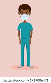 male afro paramedic using face mask isolated icon vector illustration design