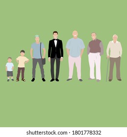 Male age development generation, boy teenager and senior grandfather. Vector generation people, cycle growth and growing pensioner, grow toddler illustration. Stage process from infant to pensioner