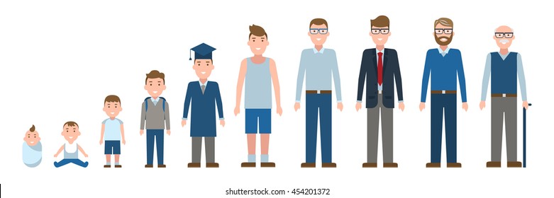 Male age set. Different stages of life. Male growth from baby to adult grandfather. Isolated cartoon characters.