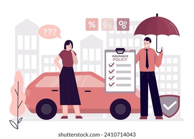 Male agent or salesman holds insurance policy and umbrella. Woman driver thinks about security and protection automobile on roads. Service making deal with client. Car under protection. flat vector