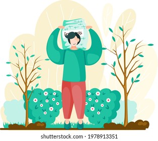 Male agricultural worker gardener character in growing plants cartoon style vector illustration. Young man standing in garden with green trees and bushes, farming and plant care. Farmer works in yard
