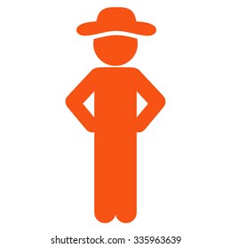 Male Akimbo vector icon. Style is flat symbol, orange color, rounded angles, white background.