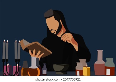 Male alchemist making potion illustration design