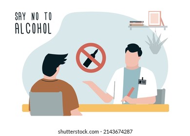 Male alcoholic at doctor. Depressed man addicted to alcohol drinking. Medical help and health care. Sad guy have alcohol and drug addiction. Alcoholism problem concept. Trendy vector illustration