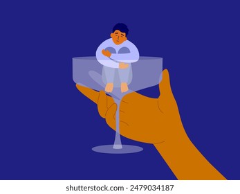 Male alcoholism concept. Human hand holding empty martini, wine or champagne drink glass with unhappy man sitting inside hugging knees. Sad drunk alcoholic guy. Alcohol abuse booze vector Illustration