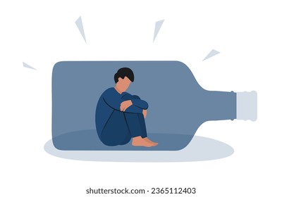 Alcoholismo masculino. Concepto con personaje de hombre sentado en una botella. Tema social, adicción. Salud mental. Ilustración vectorial plana.